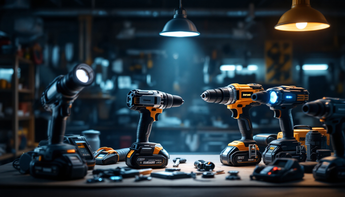 A photograph of a well-lit workspace featuring a variety of electric tools in use