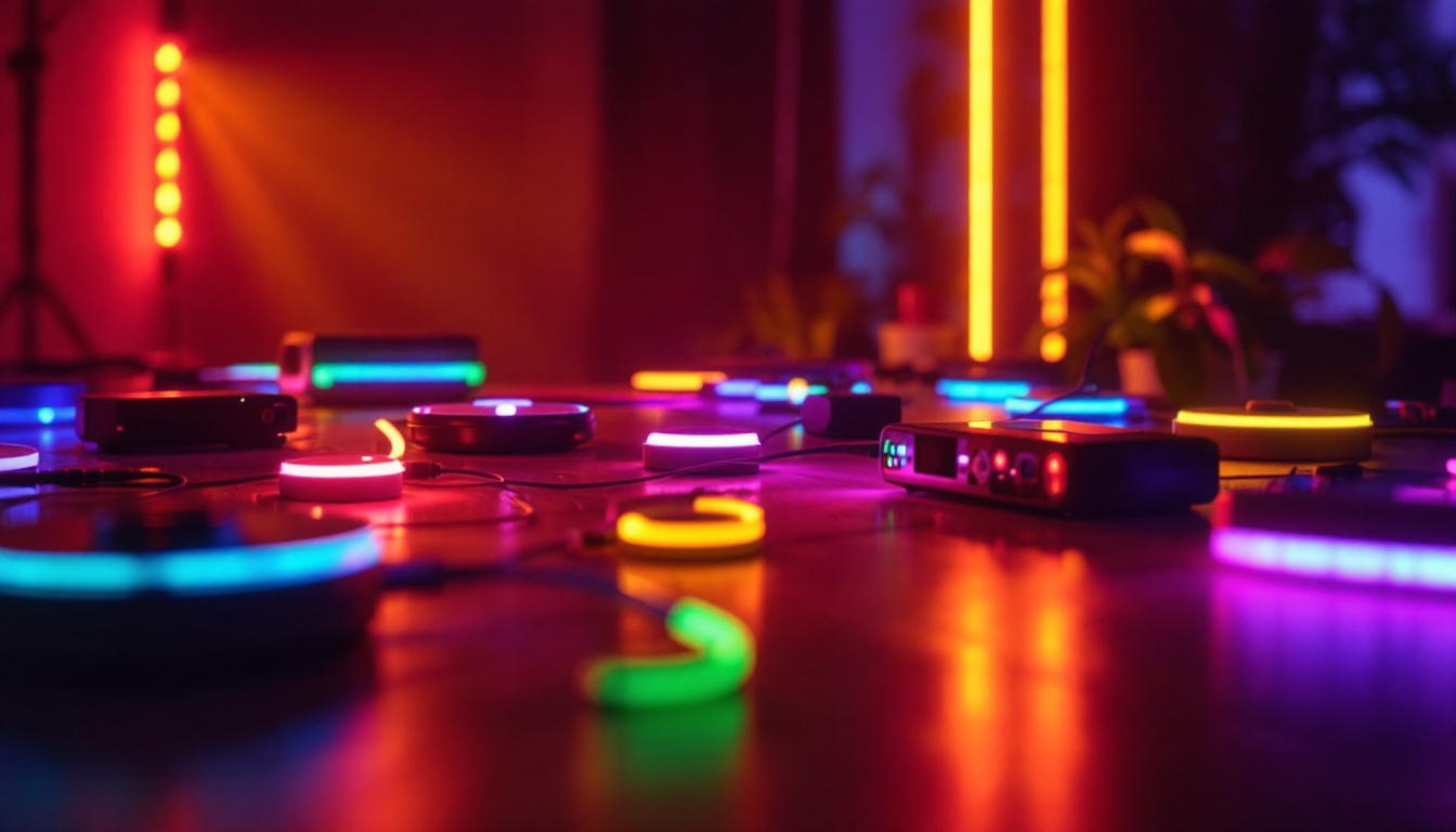 A photograph of a vibrant rgb lighting setup in a dimly lit environment