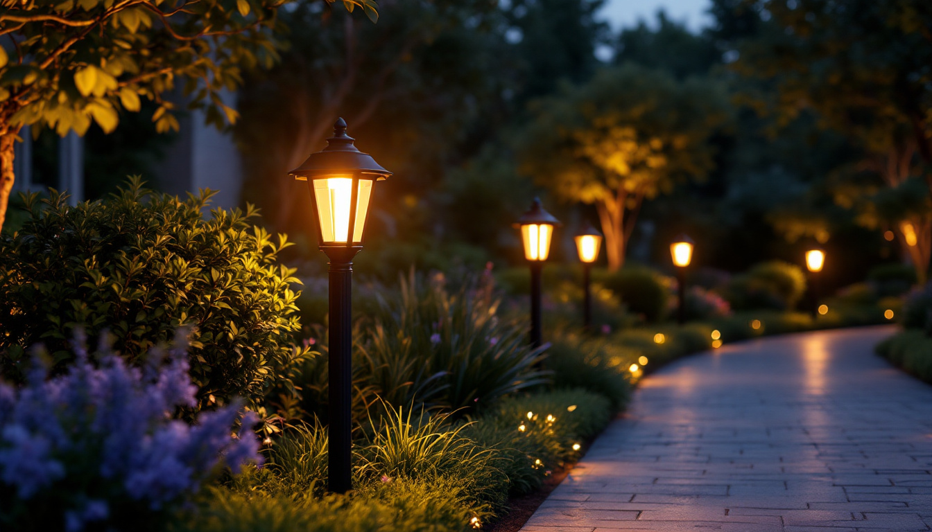 A photograph of a beautifully lit outdoor space featuring post lights illuminating a pathway or garden area at dusk
