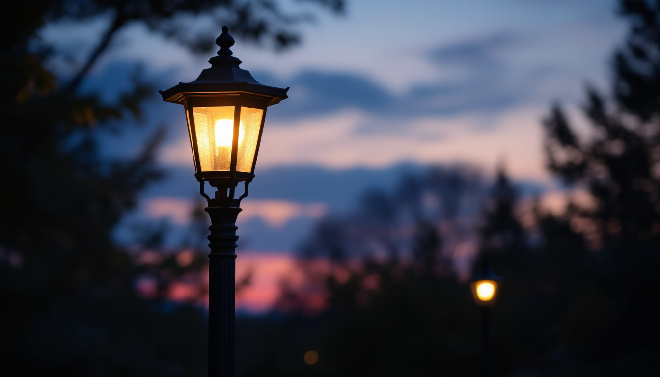 A photograph of a beautifully illuminated outdoor lamp post at dusk