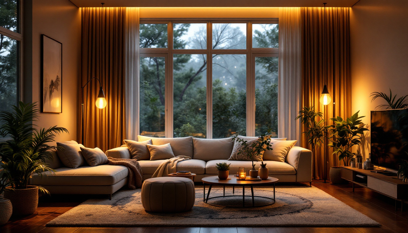 A photograph of a beautifully designed room illuminated by warm led pot lights