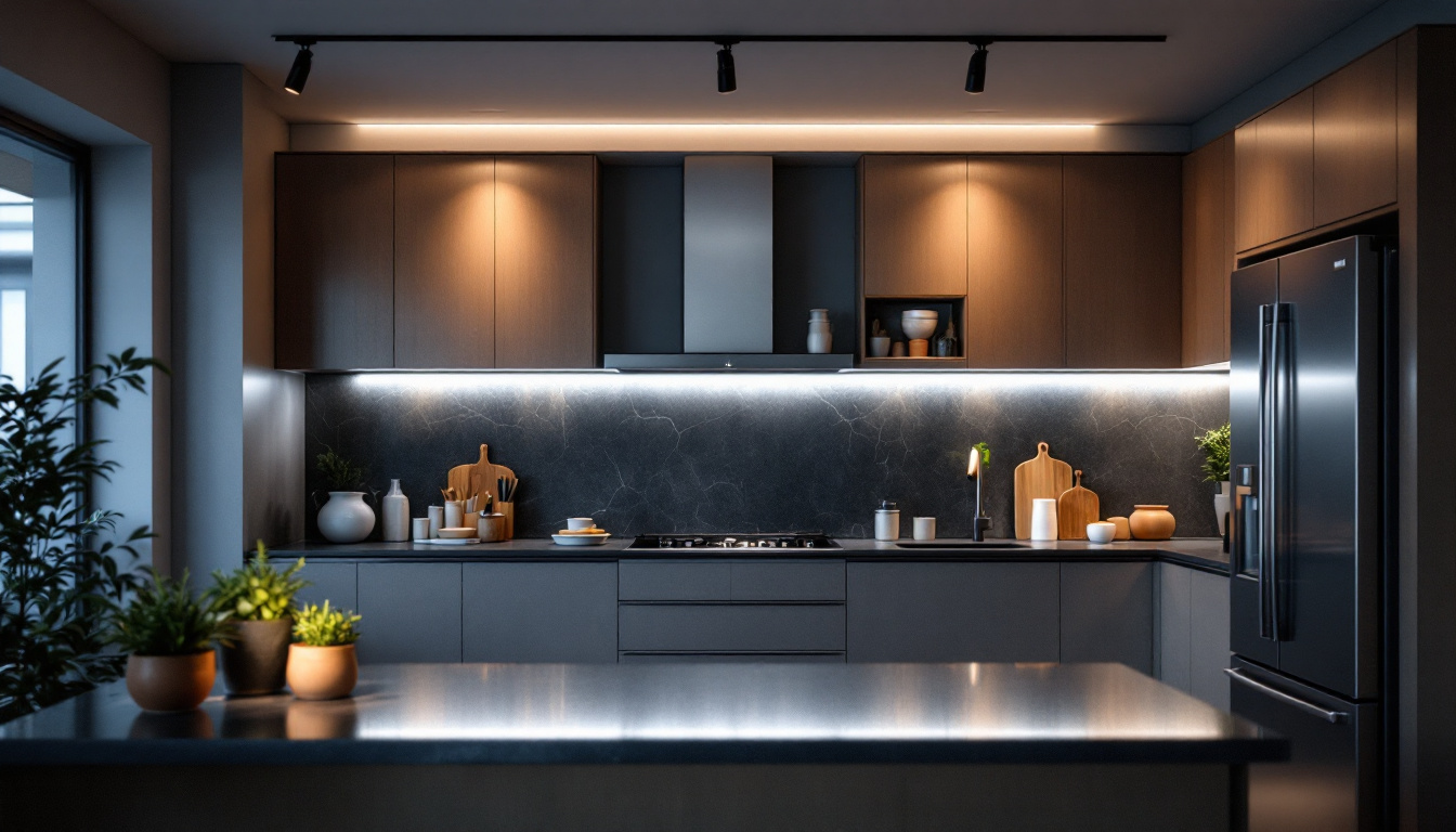 A photograph of a modern kitchen showcasing stylish track lighting that highlights the workspace and enhances the overall ambiance