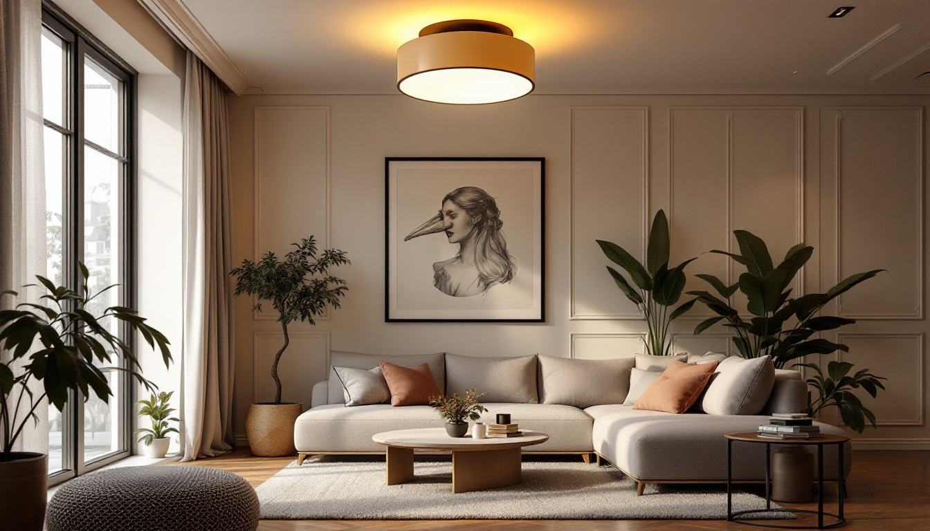 A photograph of a stylish flush mount light fixture installed in a beautifully designed room