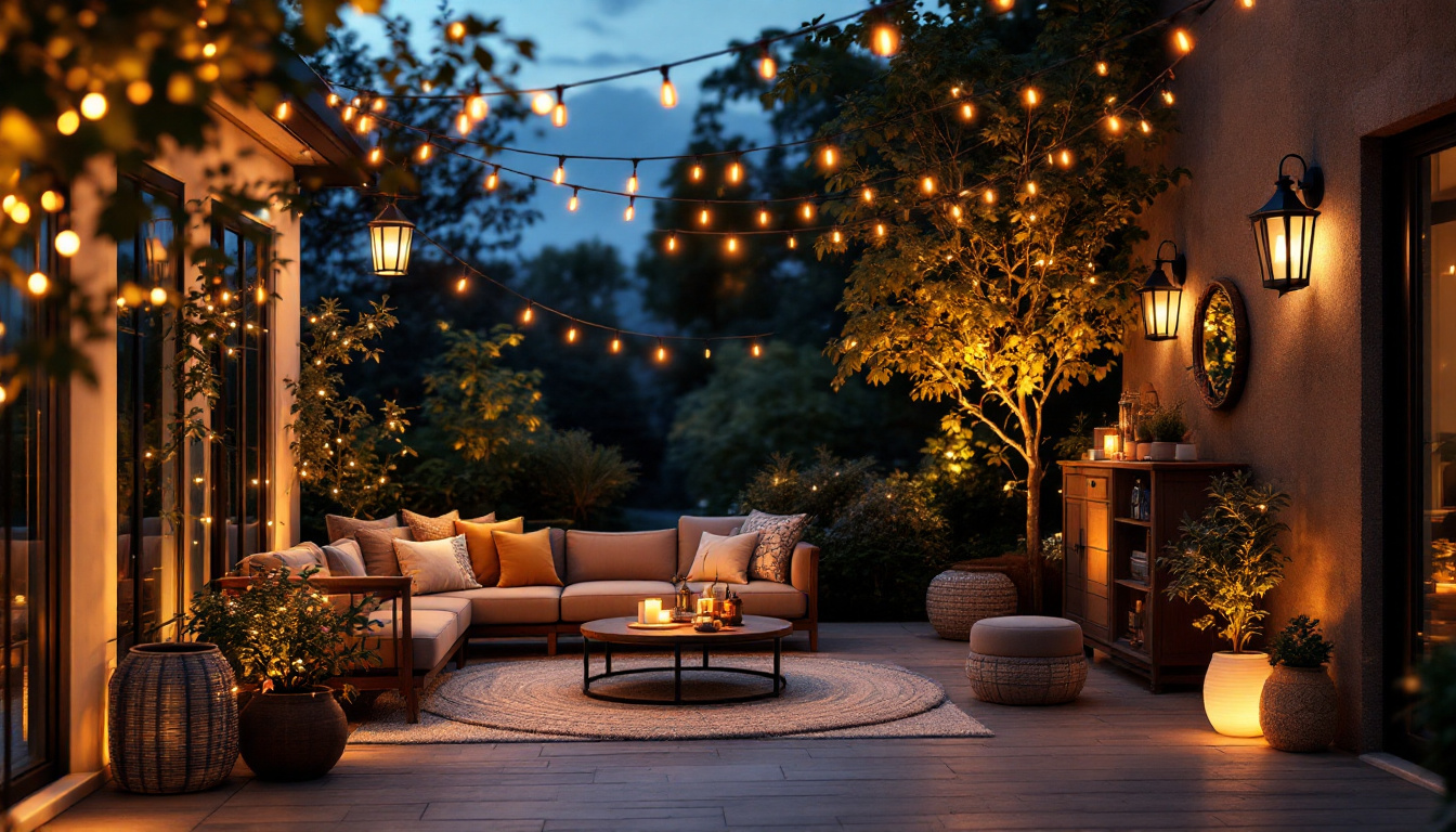 A photograph of a beautifully illuminated outdoor patio at dusk