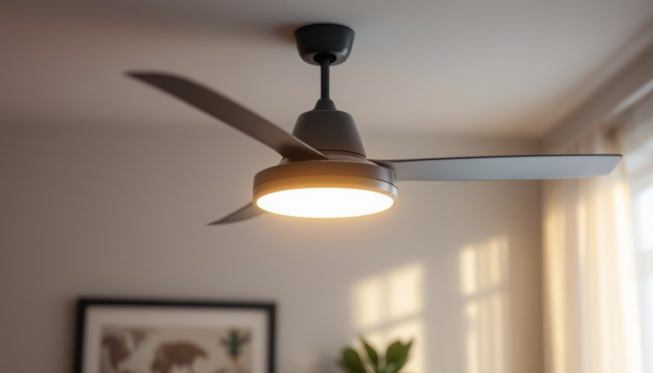 A photograph of a stylish ceiling fan with integrated lighting