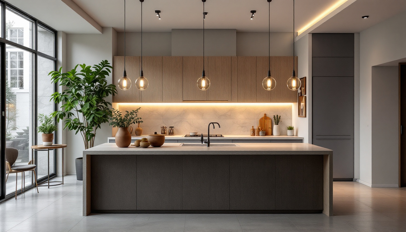 A photograph of a beautifully designed kitchen featuring stylish hanging lights that illuminate the space