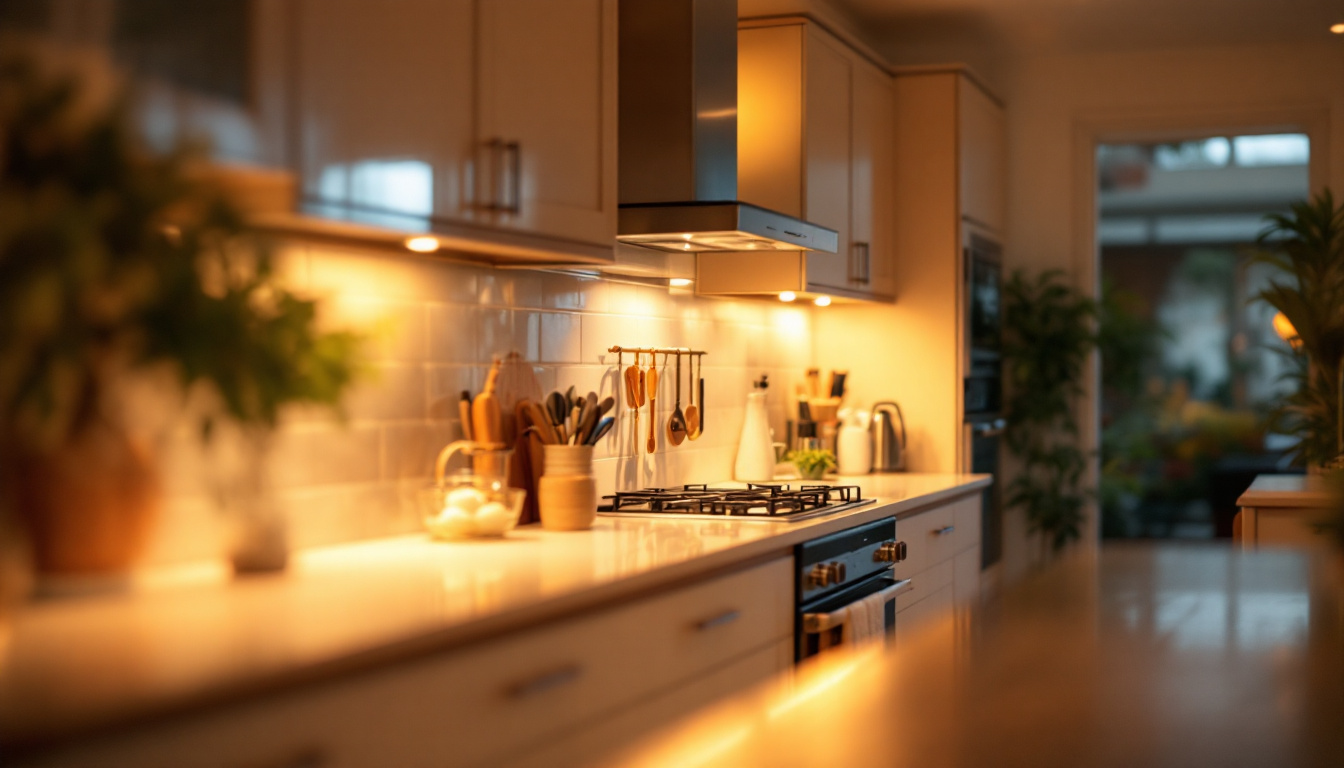 A photograph of a beautifully illuminated kitchen featuring under cabinet lighting