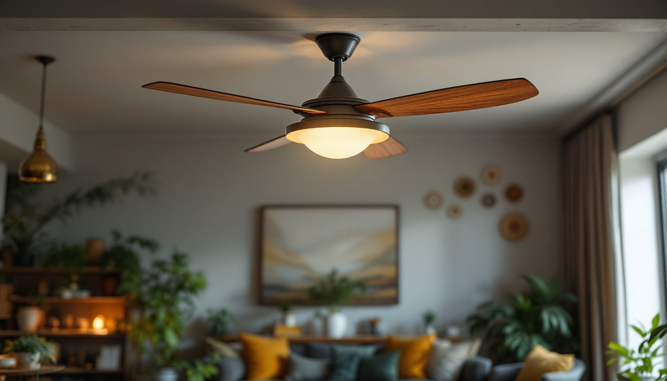 A photograph of a stylish industrial ceiling fan installed in a spacious