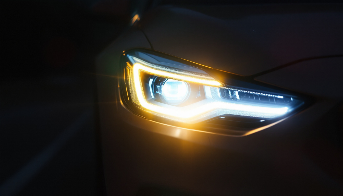 A photograph of a close-up shot of a high-intensity discharge (hid) headlight illuminating a dark road at night