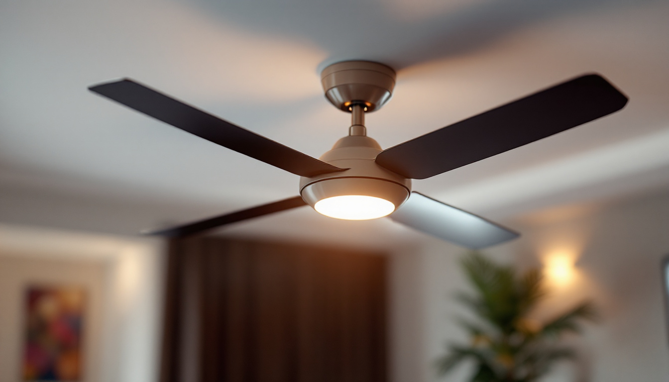 A photograph of a stylish ceiling fan with integrated lighting