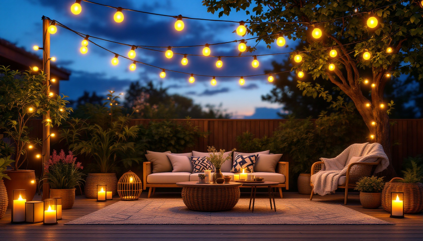 A photograph of a beautifully arranged outdoor setting illuminated by warm