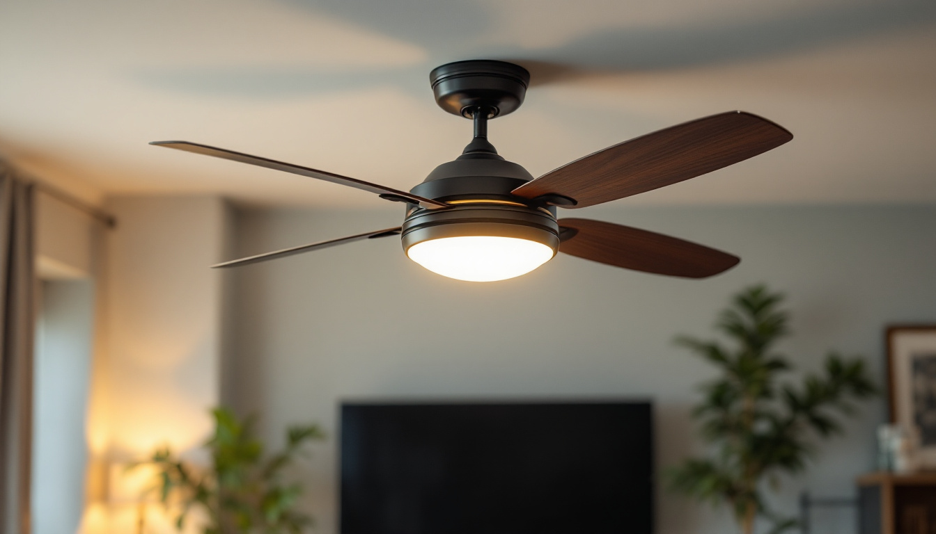A photograph of a stylish ceiling fan with an integrated light kit
