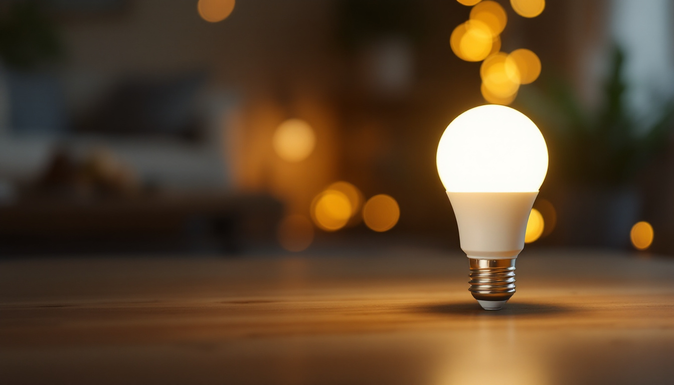 A photograph of a close-up shot of a 12-volt screw-in led bulb illuminated in a cozy home setting