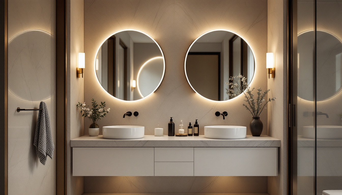 A photograph of a beautifully designed vanity bathroom featuring stylish lighting fixtures that highlight the elegance of the space
