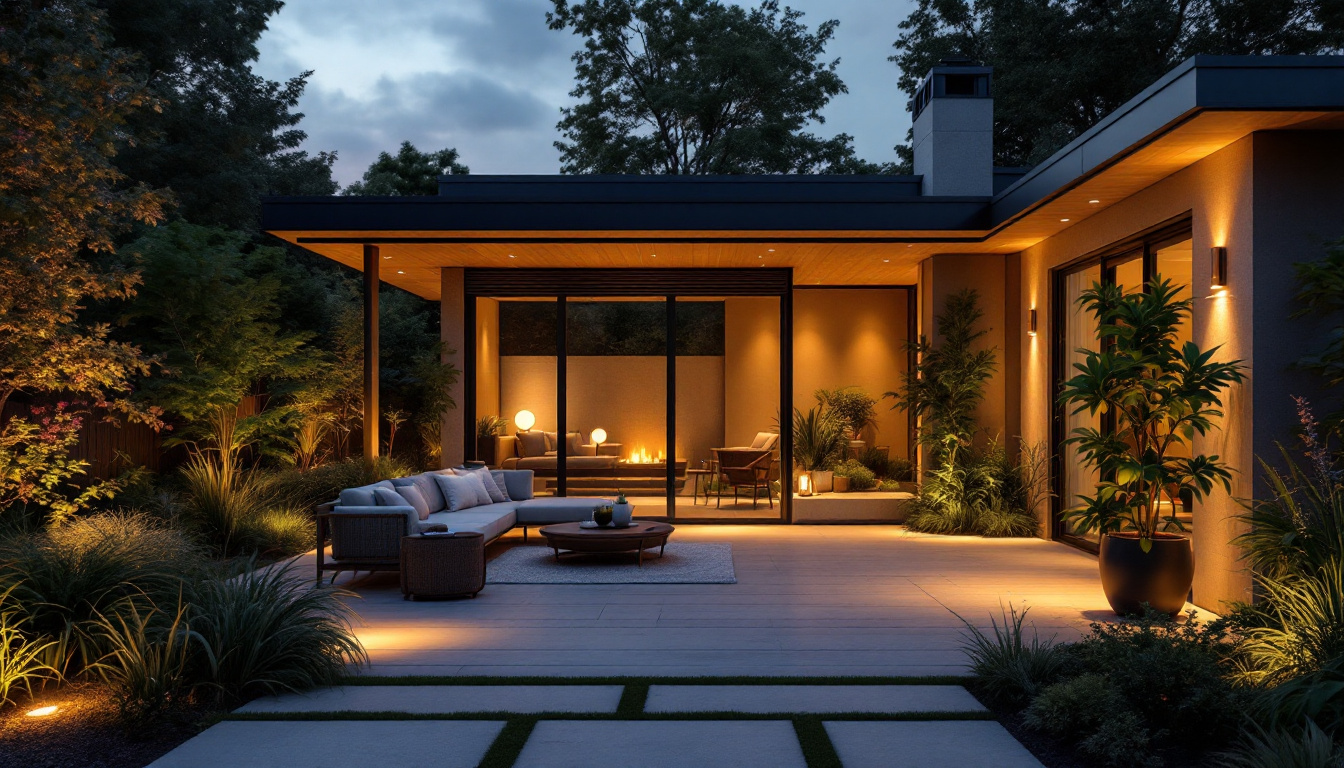 A photograph of a beautifully designed outdoor space illuminated by recessed lighting