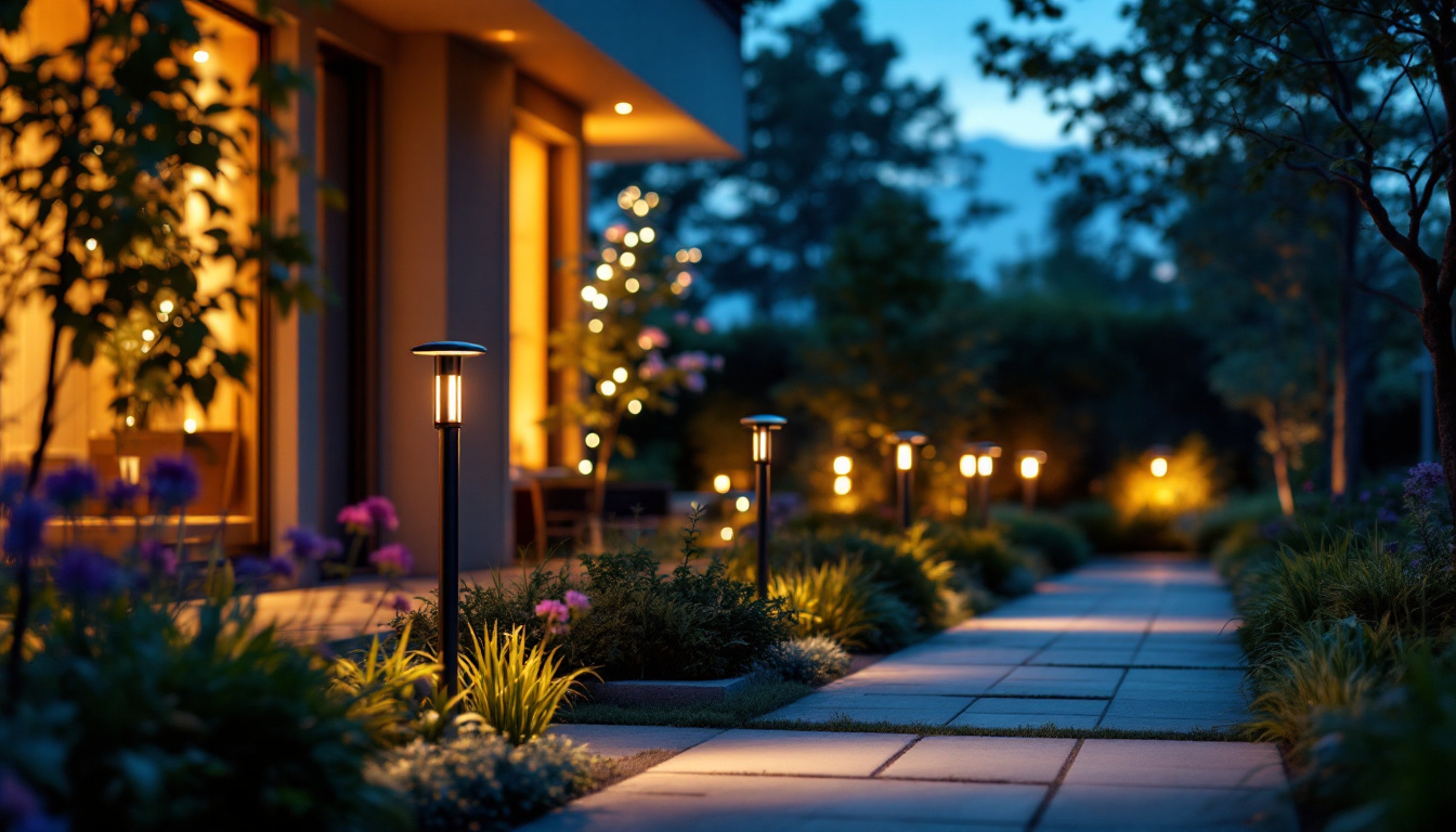 A photograph of a beautifully illuminated outdoor space featuring motion sensor lights in action