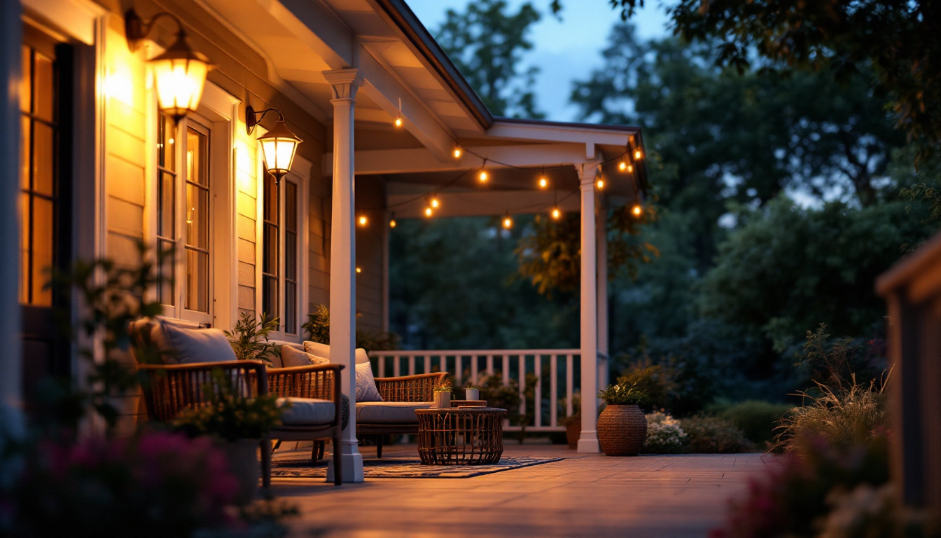 A photograph of a beautifully illuminated outdoor porch featuring a stylish porch light