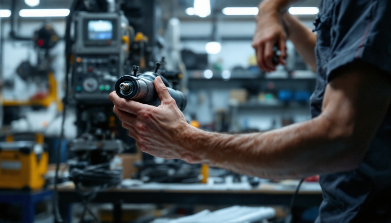 A photograph of a skilled electrician using an electric conduit bender in a well-lit workshop