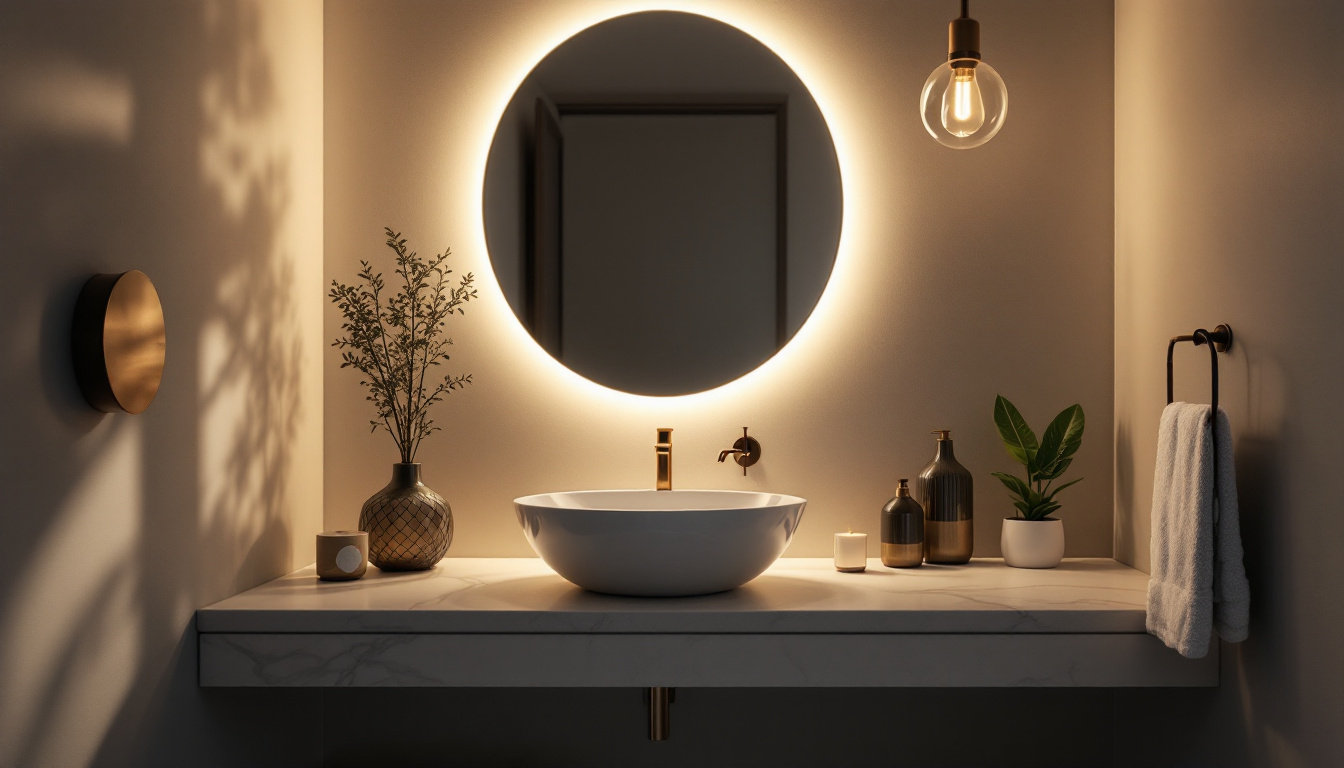 A photograph of a stylish washroom vanity light illuminating a beautifully arranged bathroom scene