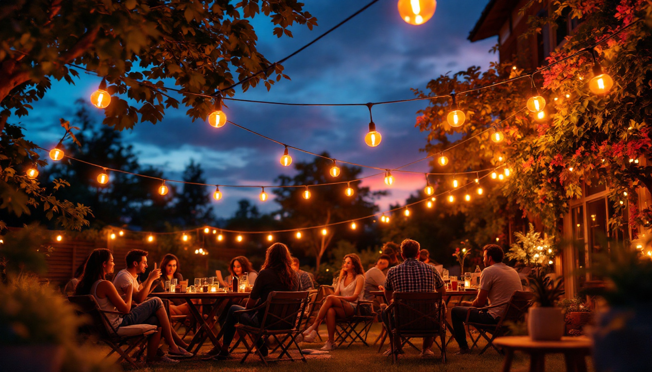 A photograph of a cozy outdoor setting illuminated by vibrant led string lights