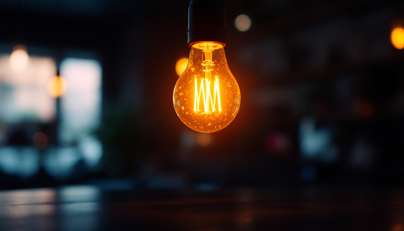 A photograph of a glowing light bulb in a dimly lit setting