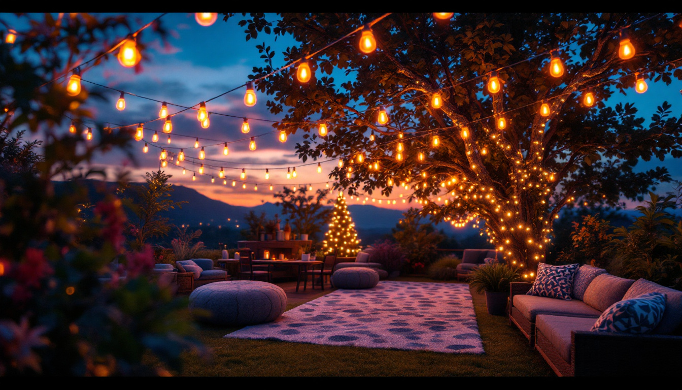 A photograph of capture a photograph of a beautifully lit outdoor space adorned with vibrant led string lights