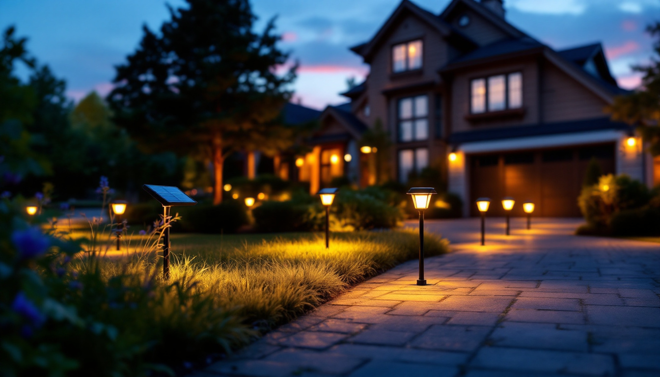 A photograph of a beautifully illuminated driveway at dusk