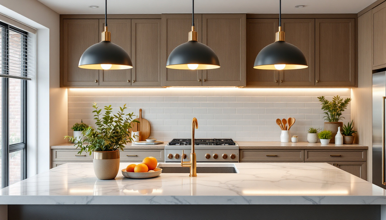 A photograph of a beautifully arranged set of island light fixtures in a stylish kitchen setting