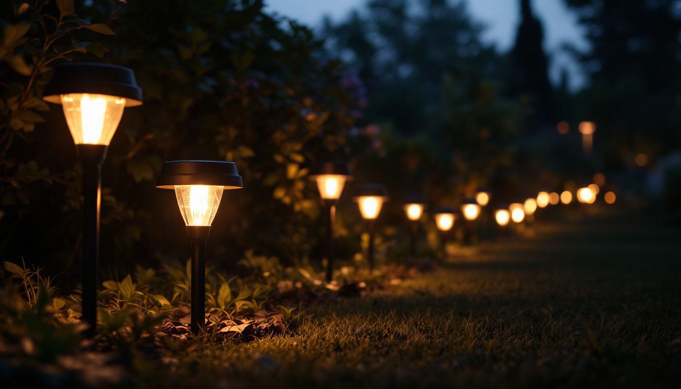A photograph of a solar light installation in a garden at dusk