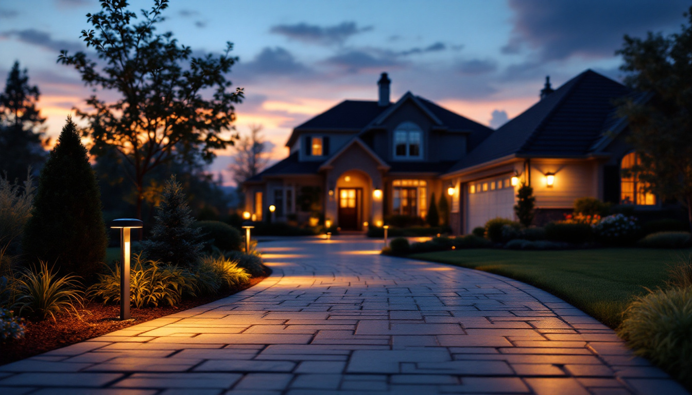A photograph of a beautifully lit driveway at dusk