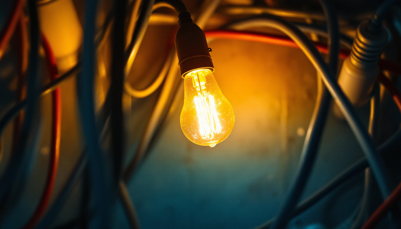 A photograph of a close-up shot of various types of electrical cords and lighting fixtures intertwined