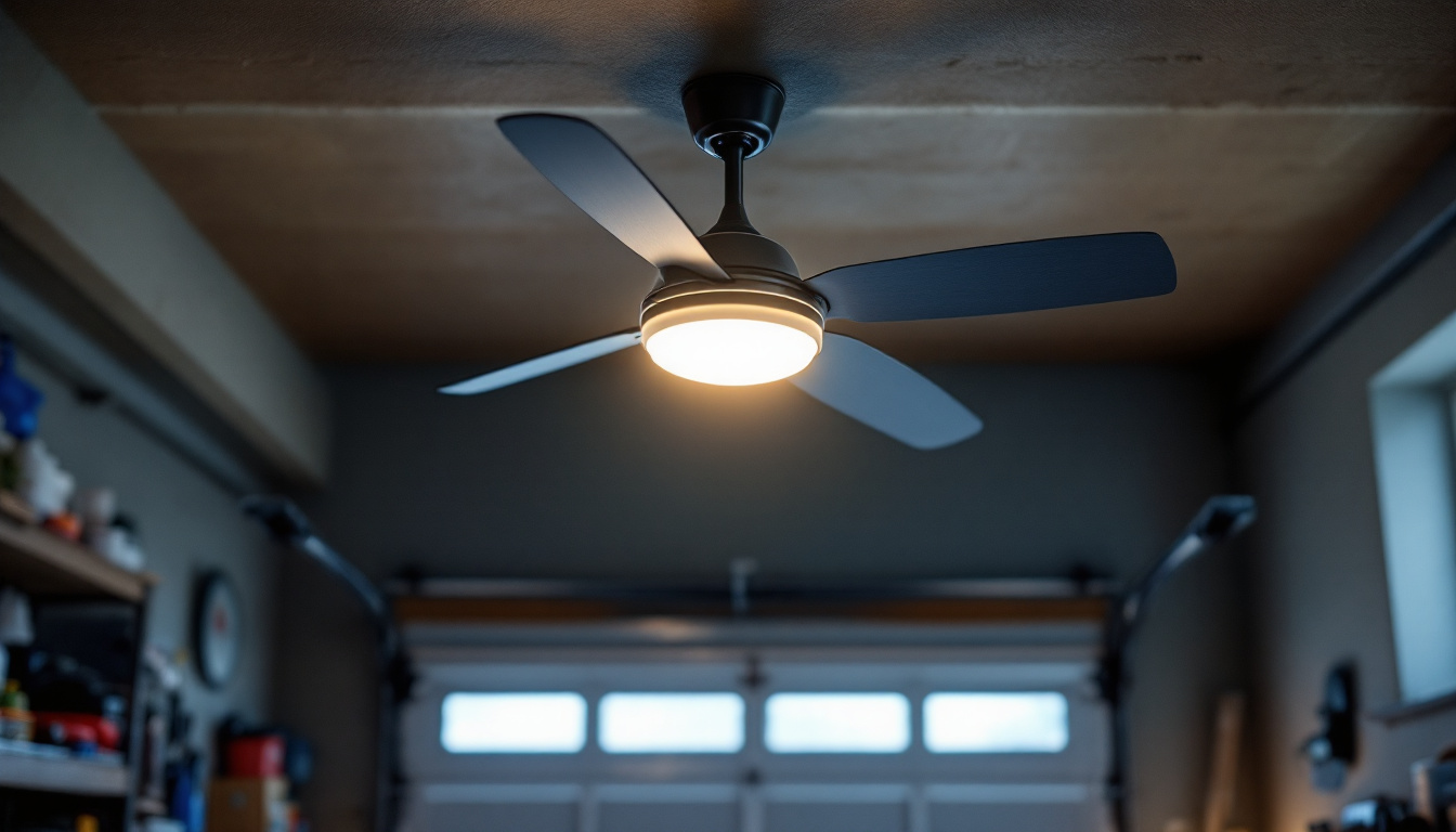 A photograph of a stylish garage ceiling fan with integrated lighting
