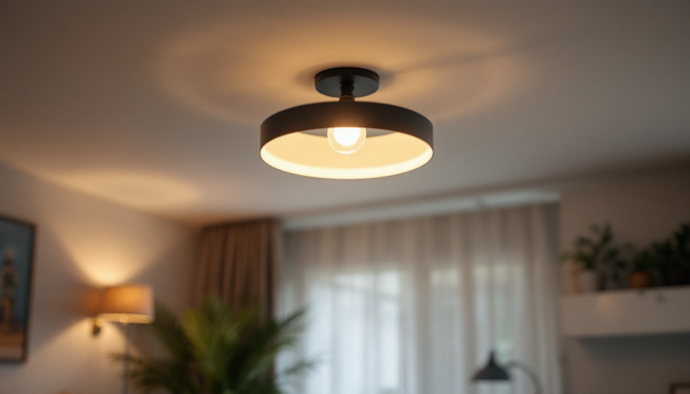 A photograph of a stylish ceiling light fixture illuminating a cozy living space