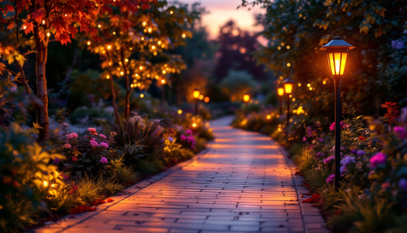 A photograph of a beautifully illuminated solar walkway at dusk
