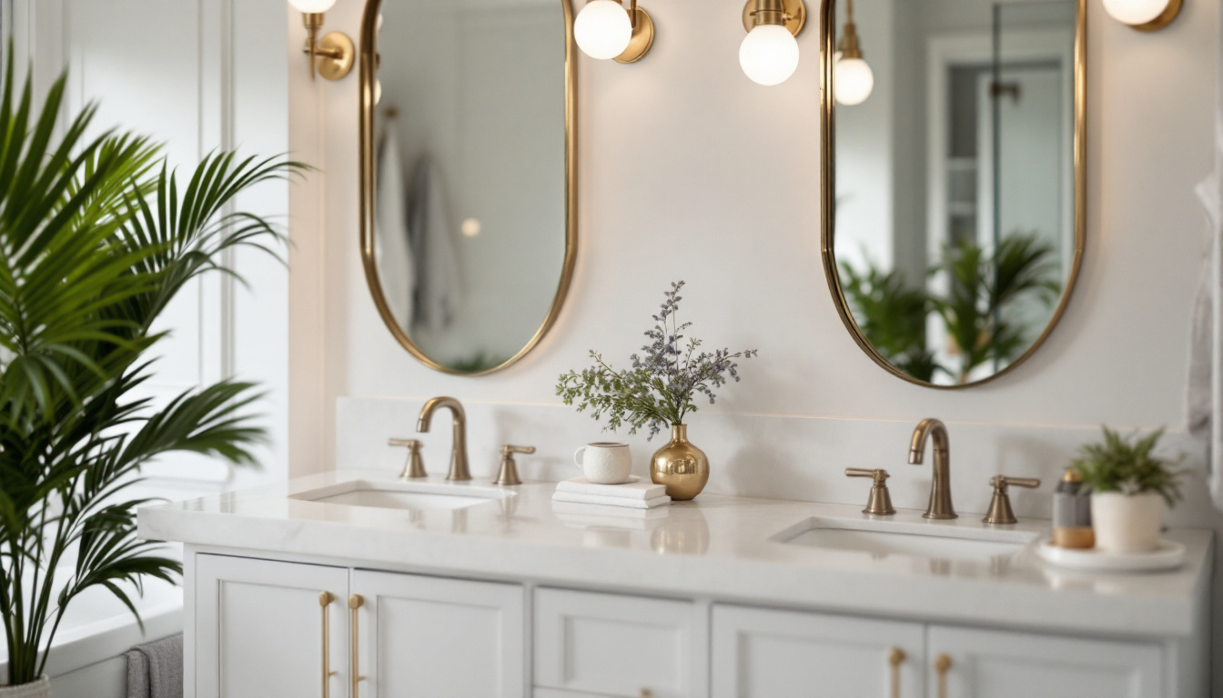 A photograph of a beautifully styled bathroom featuring elegant bath vanity lights that highlight the space