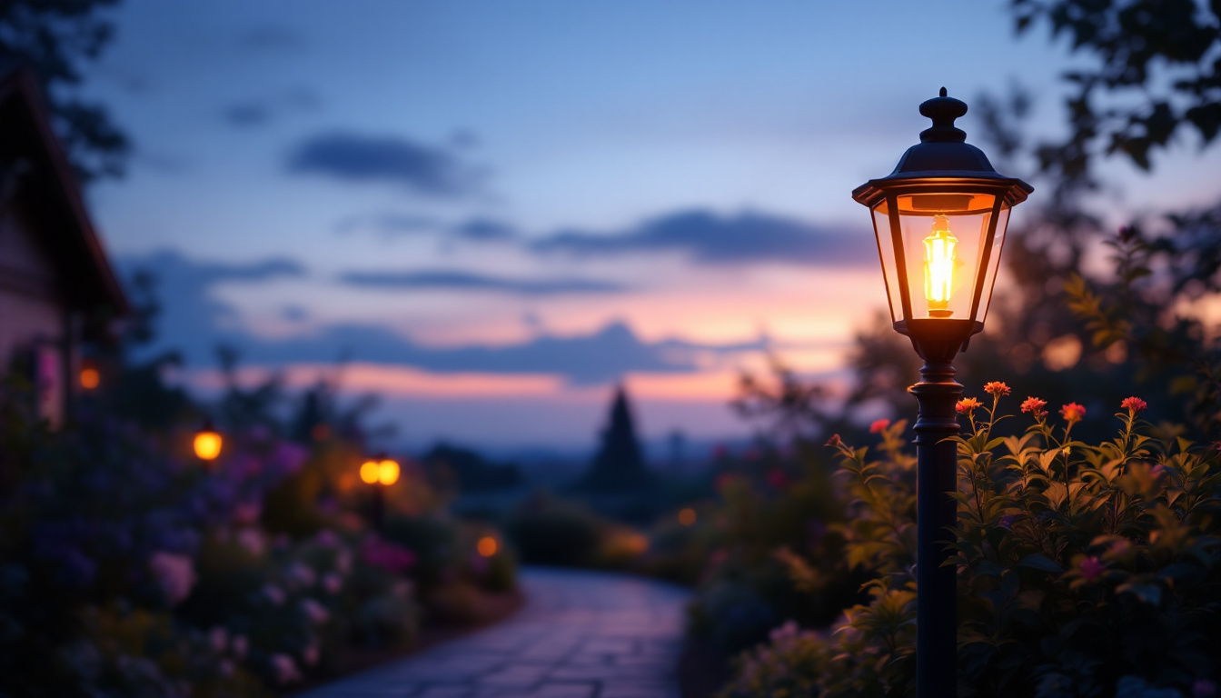A photograph of a beautifully designed outdoor lamp post illuminating a charming garden pathway at dusk