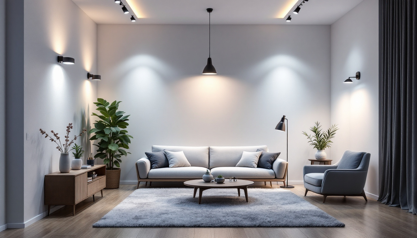 A photograph of a well-lit interior space showcasing various types of lighting fixtures—such as ambient