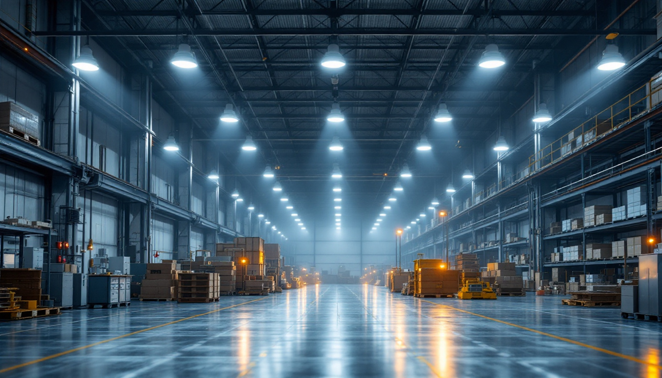 A photograph of a spacious industrial setting illuminated by high bay led lights
