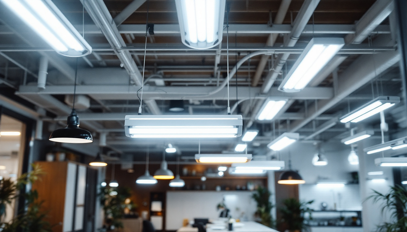 A photograph of a well-lit indoor space showcasing various types of fluorescent lighting fixtures in use