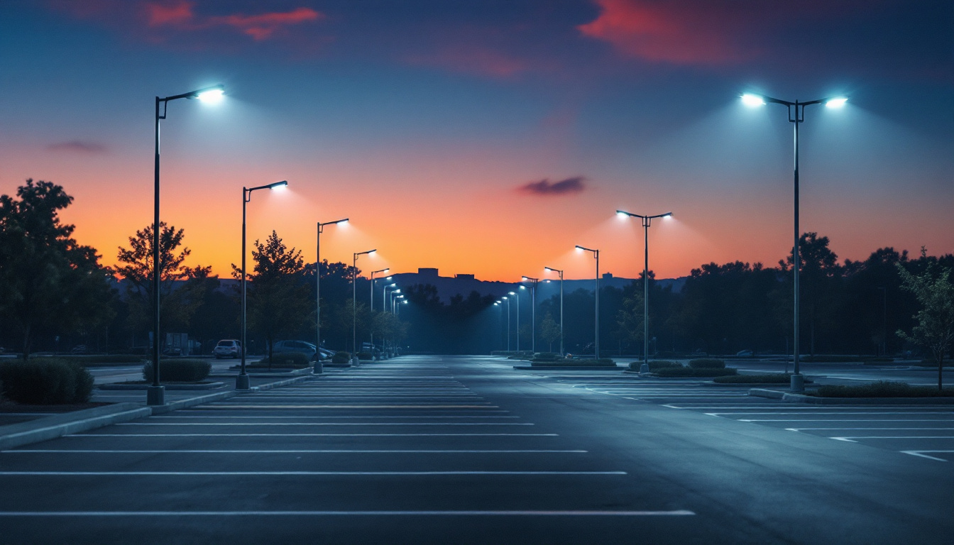A photograph of a well-lit parking lot at dusk