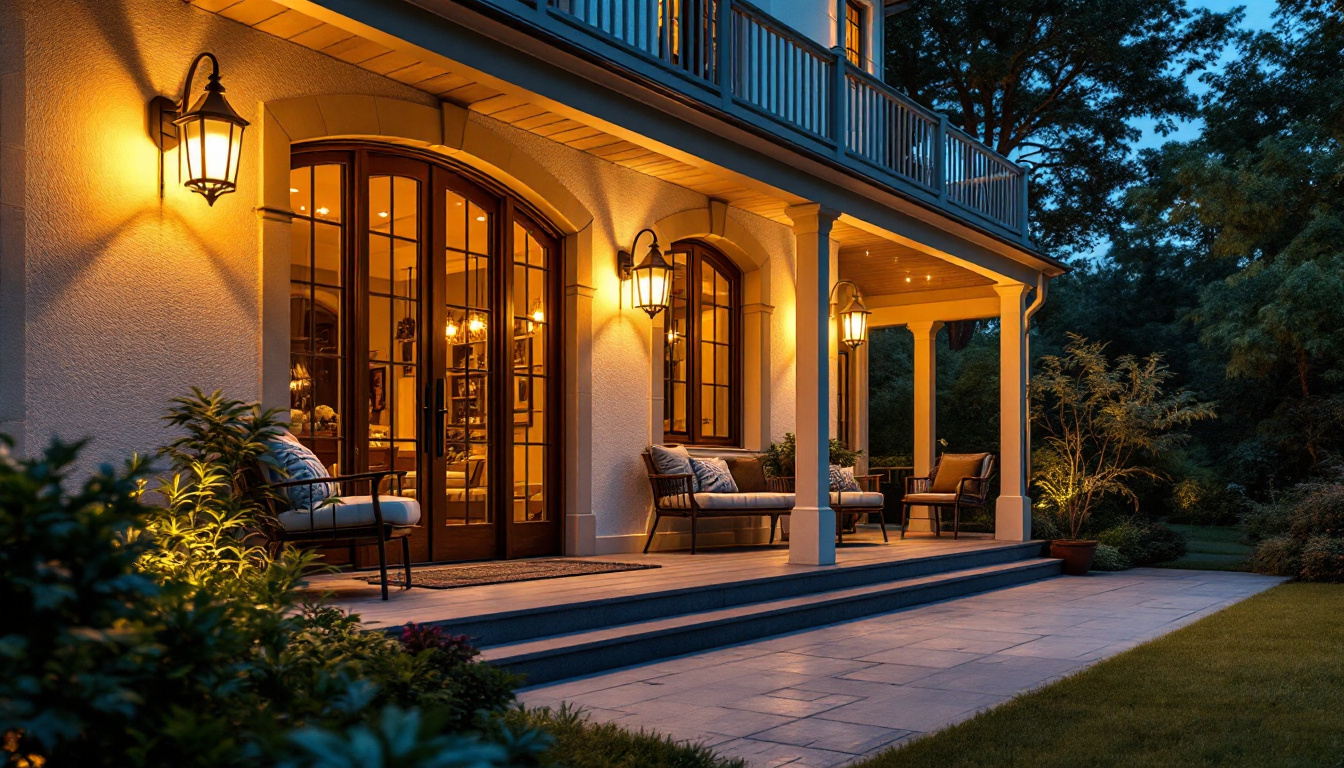 A photograph of a beautifully illuminated outdoor porch at dusk