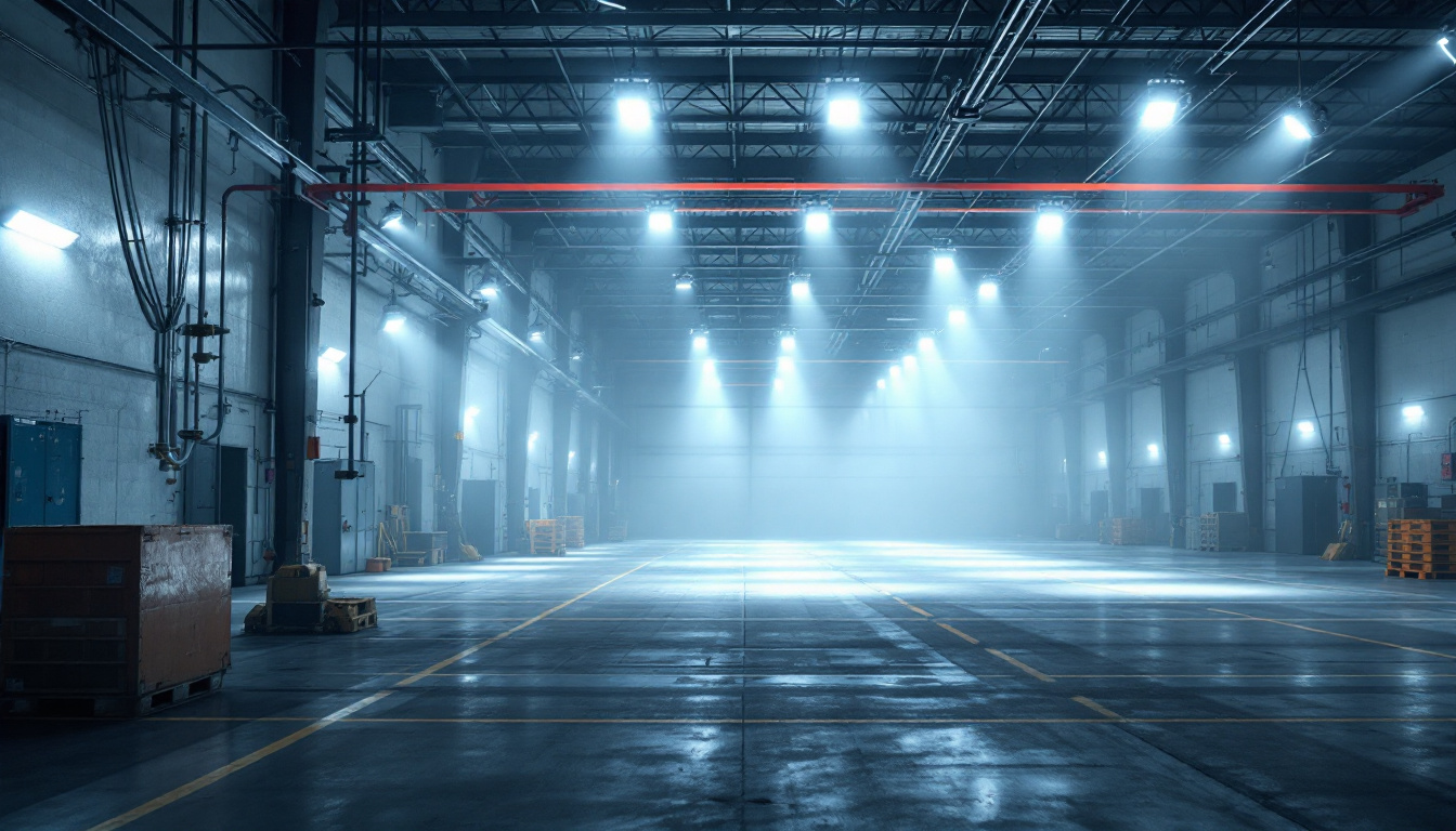 A photograph of capture a photograph of a spacious industrial setting illuminated by high bay lights