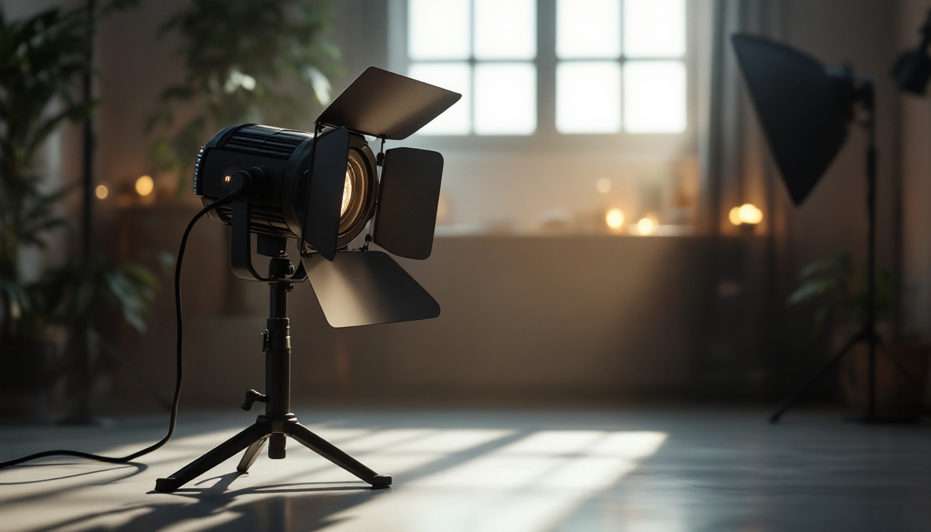 A photograph of a modern production light fixture in a well-lit studio setting