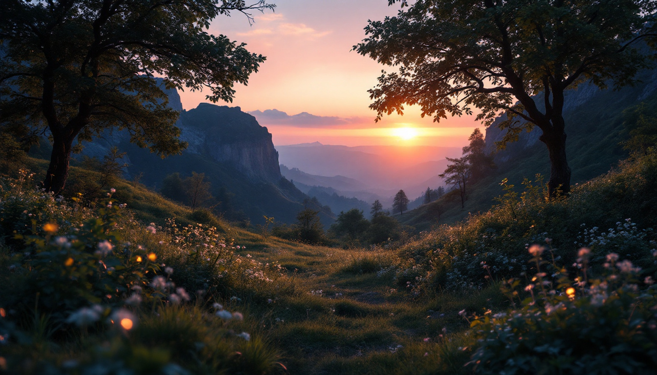 A photograph of a serene outdoor scene transitioning from dusk to dawn