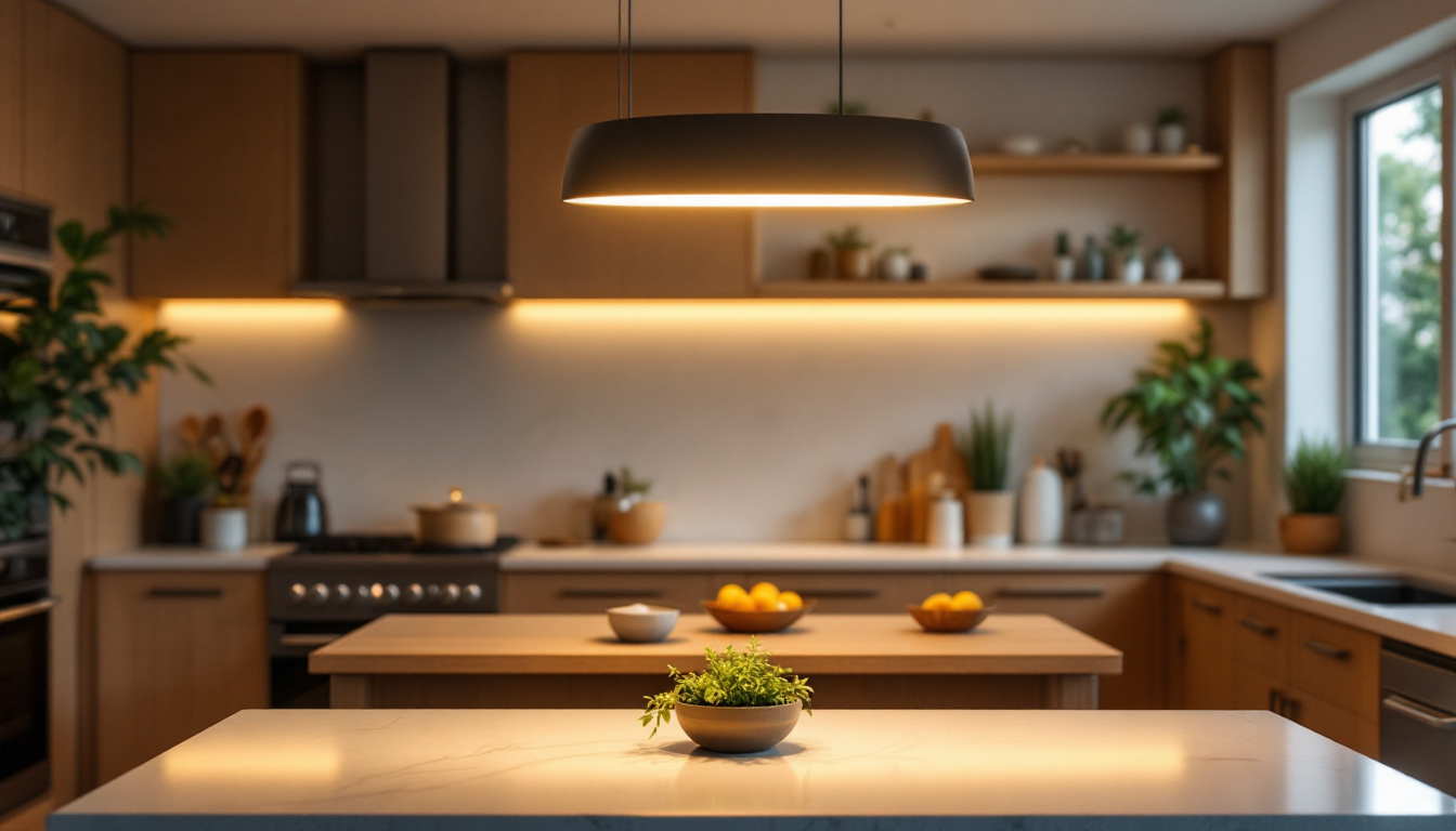 A photograph of a beautifully designed island light fixture illuminating a modern kitchen space