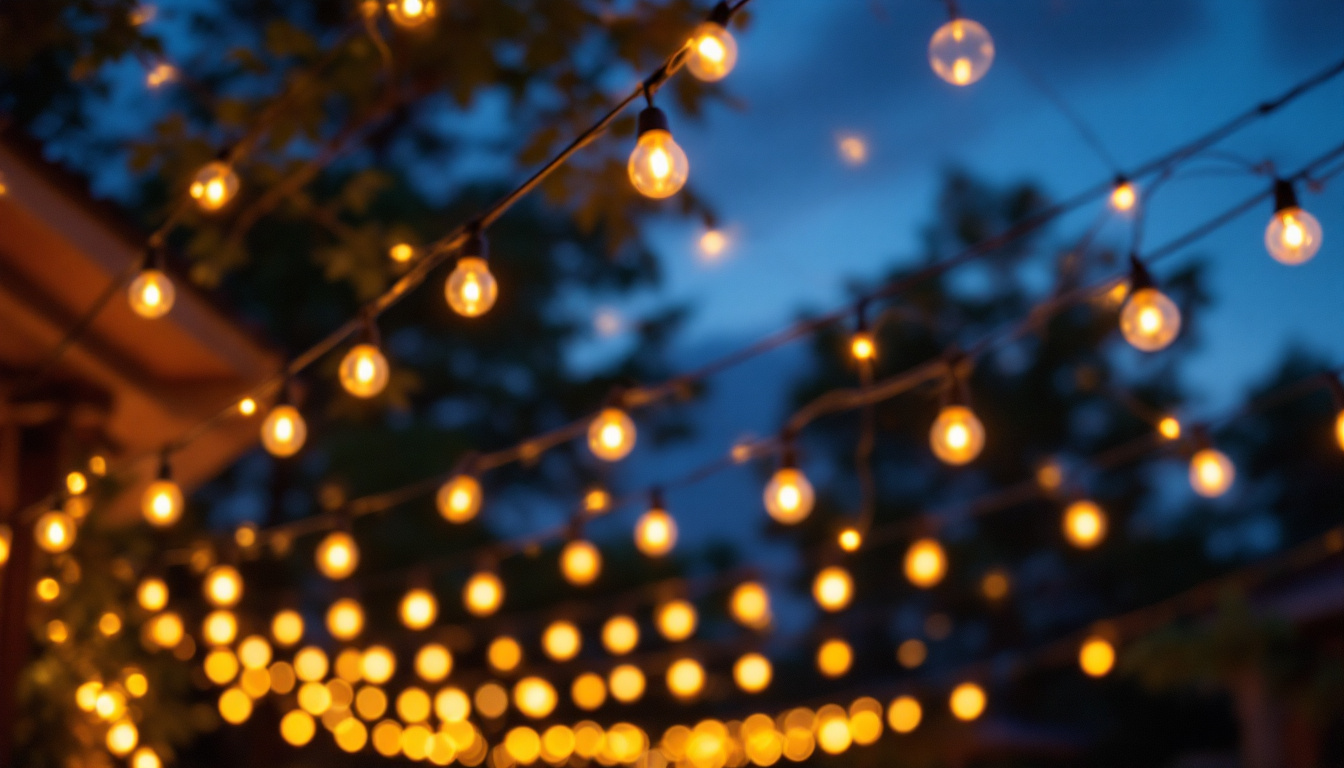 A photograph of a beautifully illuminated canopy of lights strung overhead in an outdoor setting