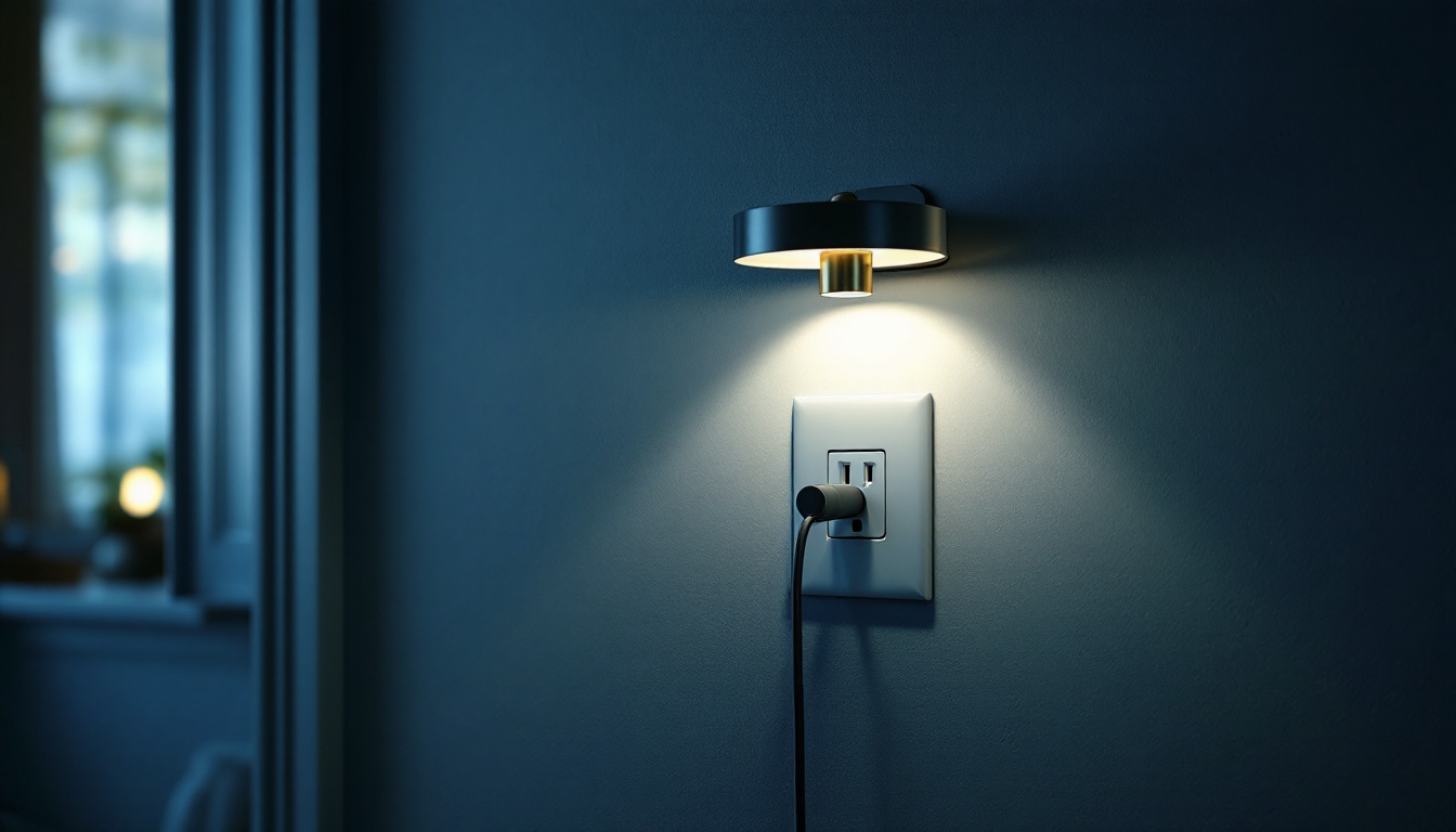 A photograph of an electrical wall outlet with a stylish light fixture plugged in
