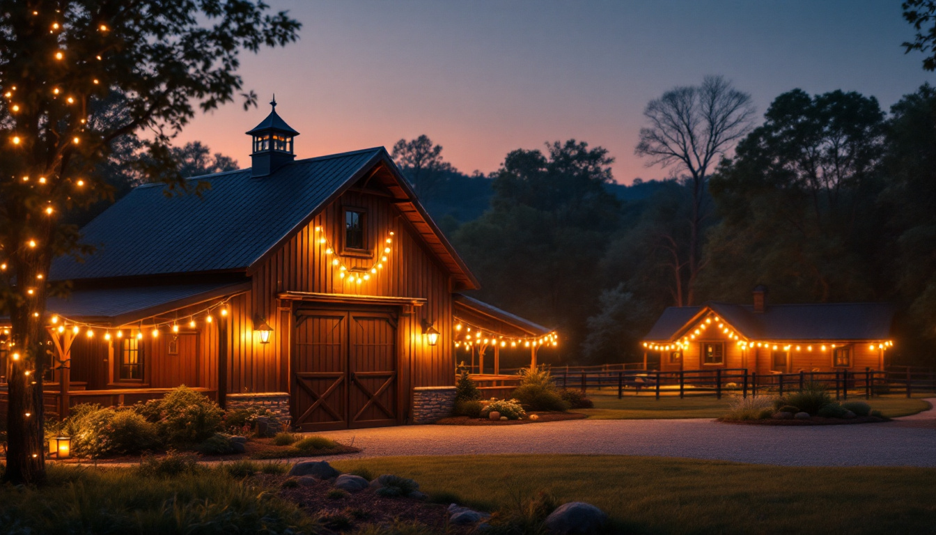 A photograph of a beautifully lit outdoor barn scene at dusk