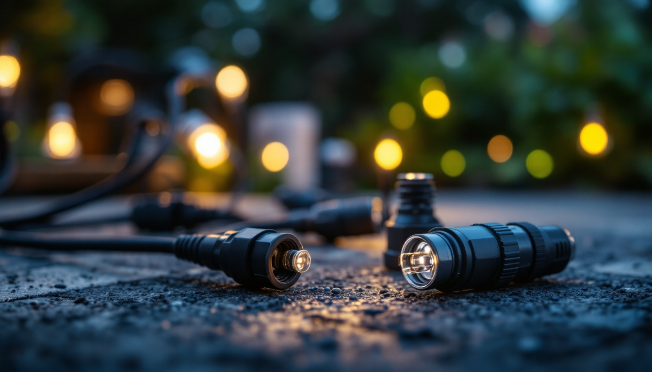 A photograph of a close-up shot of various waterproof wire connectors in a well-lit outdoor setting