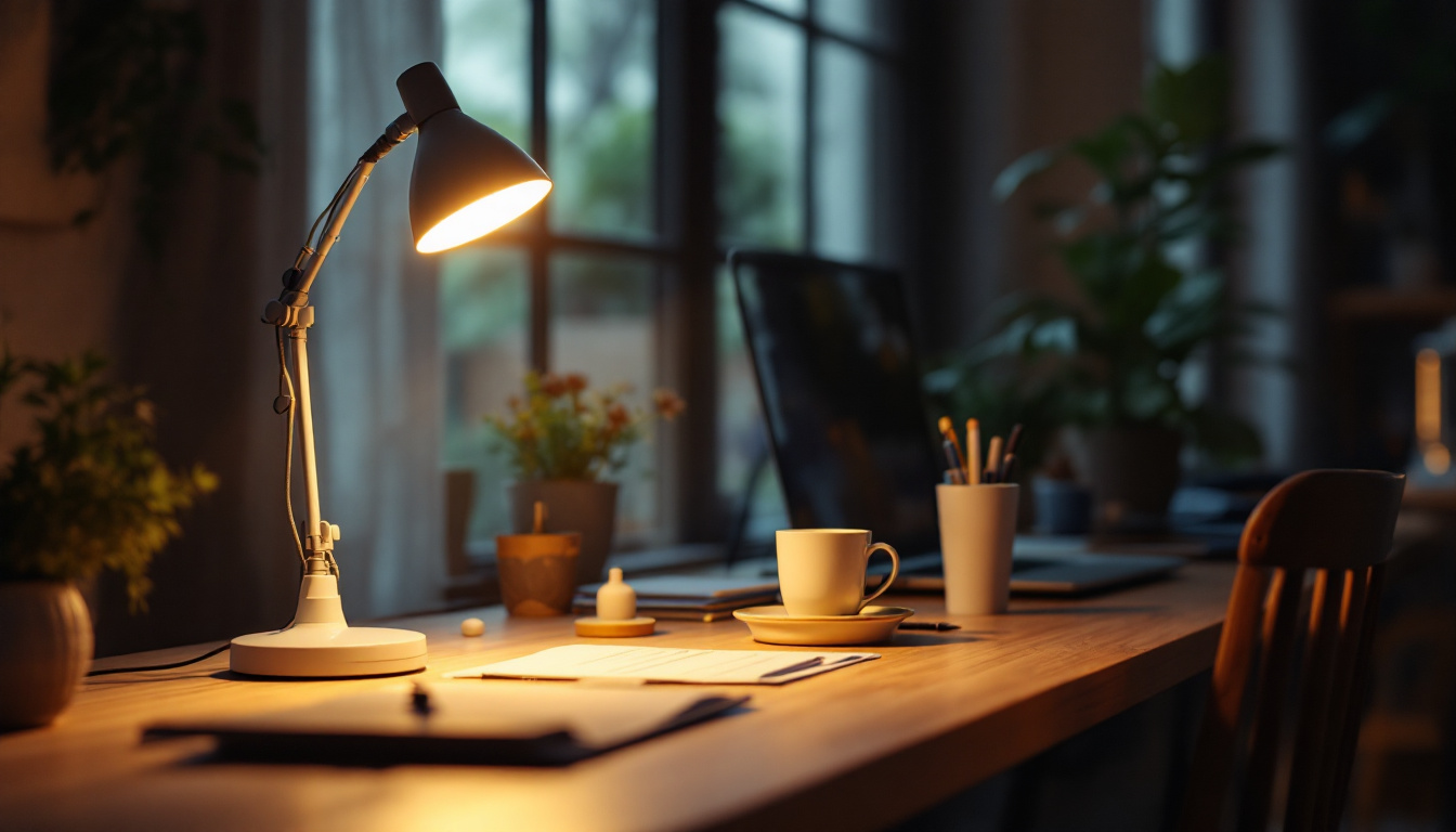 A photograph of a well-lit workspace featuring various types of worklights in use